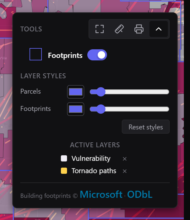 The Active layers section of the map control panel
