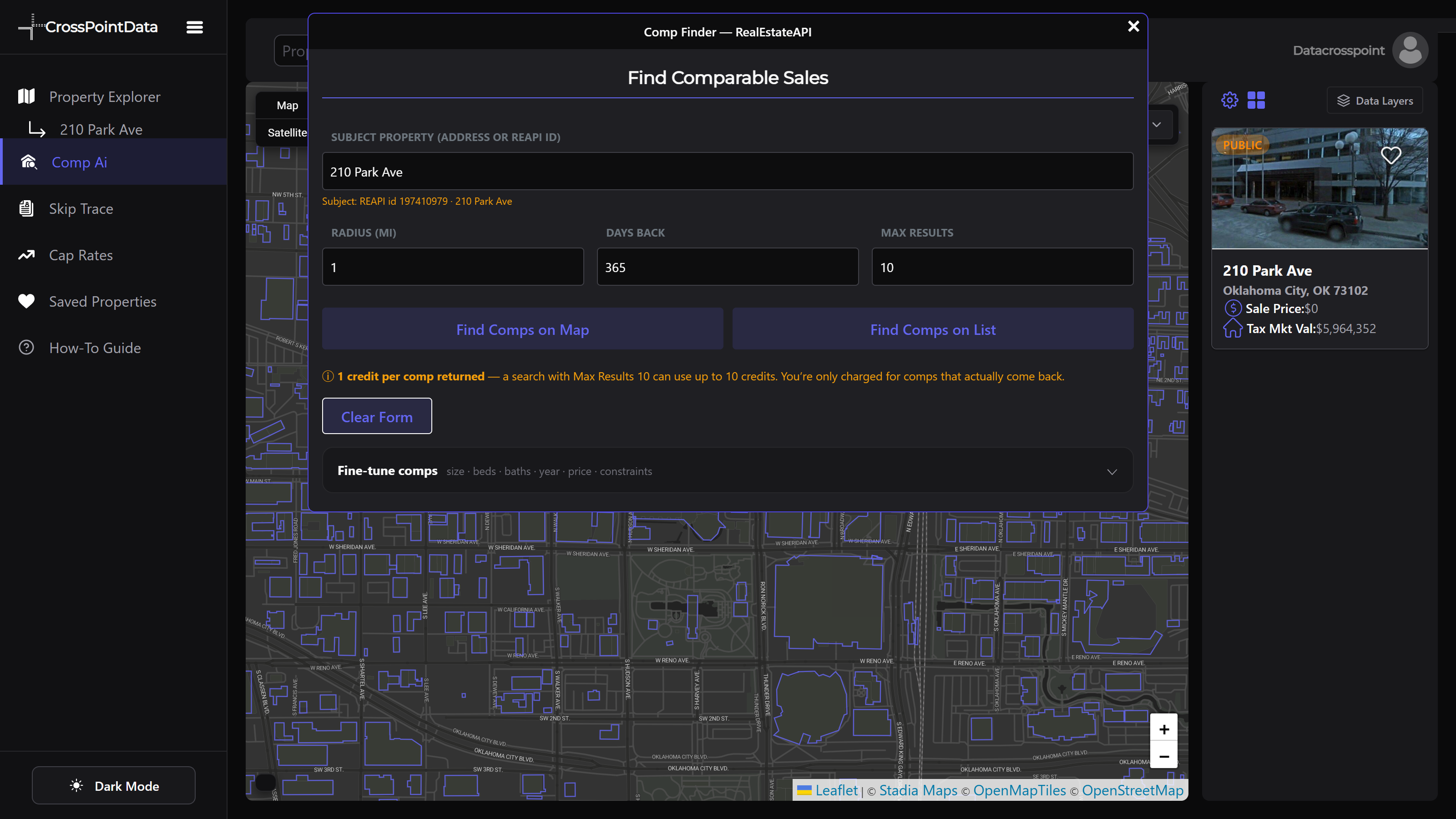 The Comp Finder with subject, radius, days back and max results